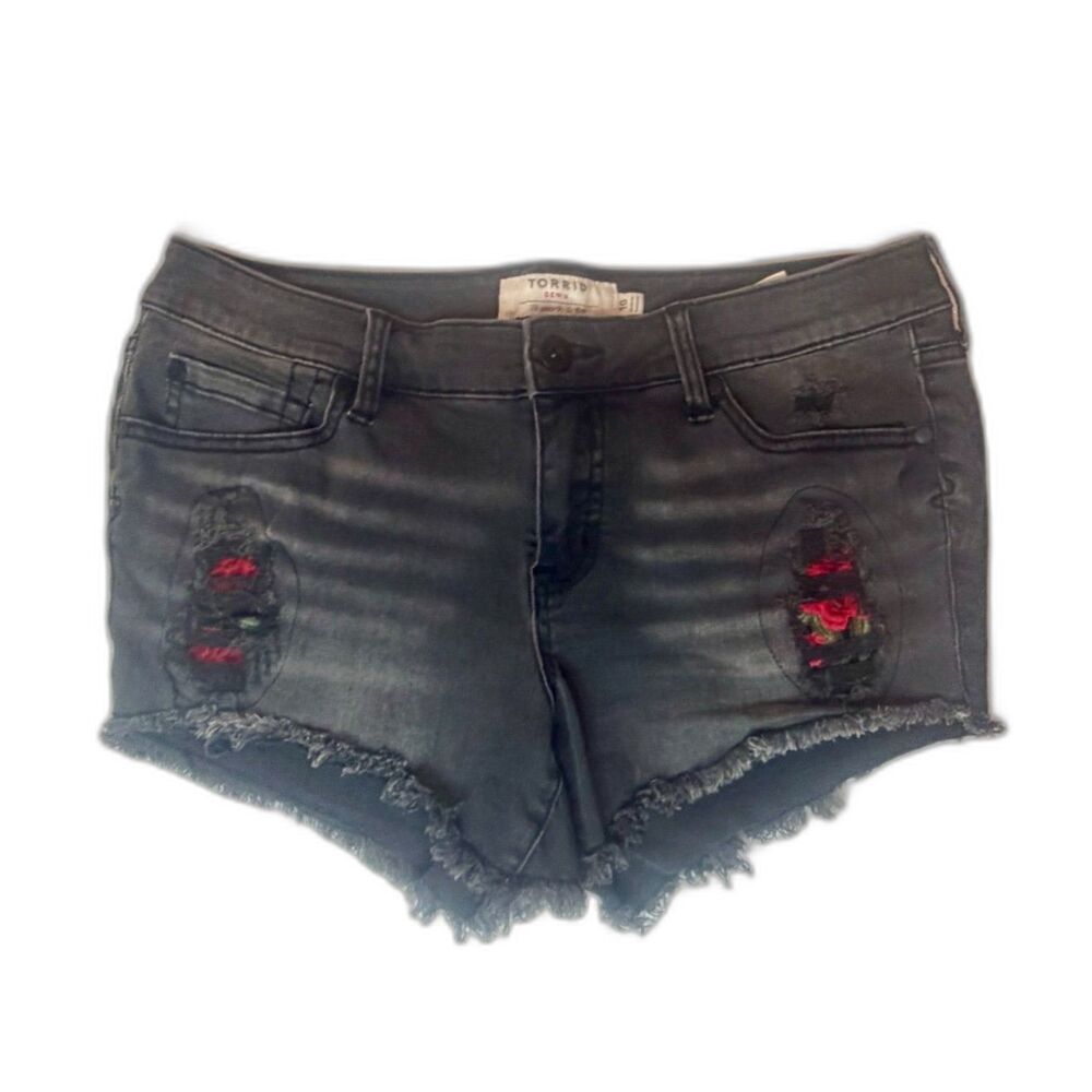 Torrid dark grey cut off shorts with red floral embroidery. Size 10